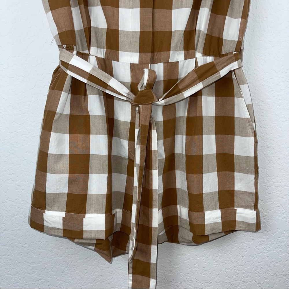 Anthropologie Tan and White Gingham Belted Romper - Picture 11 of 13